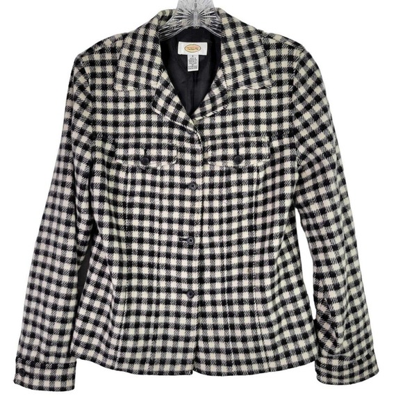 Talbots Blazer Jacket Womens 4 Wool Button Lined Black White Plaid Gingham - Picture 2 of 9